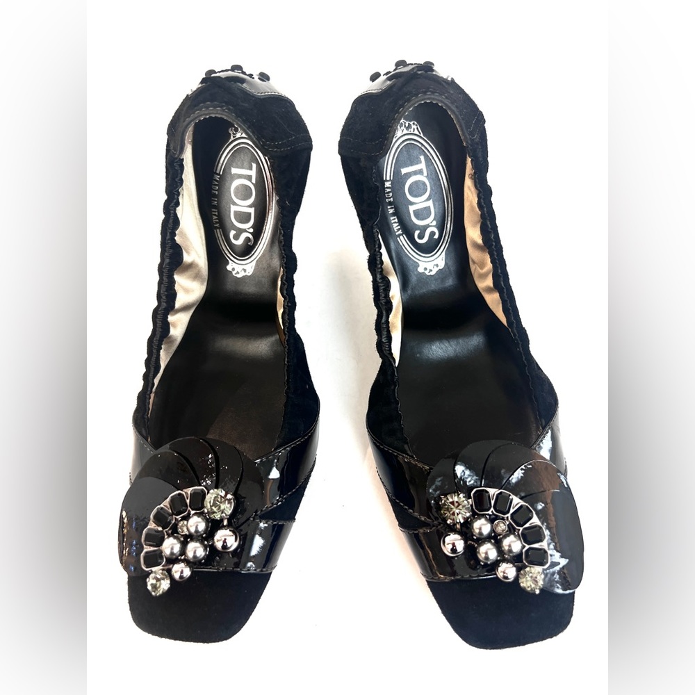 Tod's Black Embellished Suede & Patent Leather Moccasins